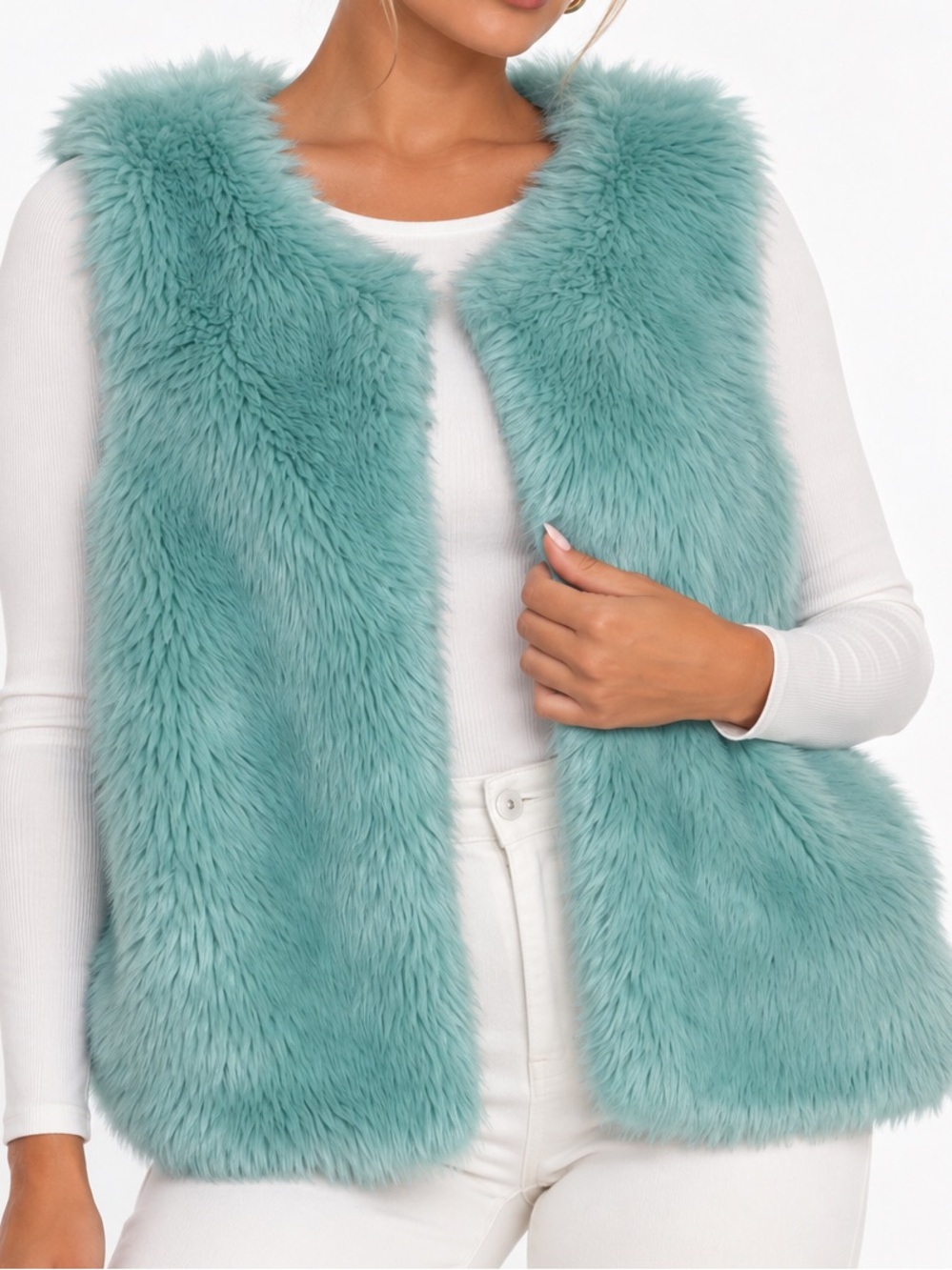 Monet Teal Faux Fur Vest – Plush Sleeveless Statement Layer